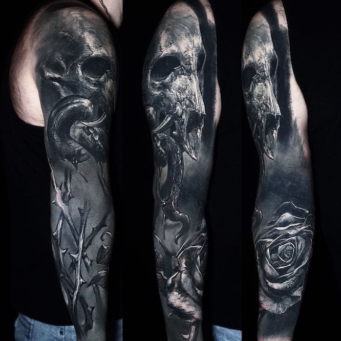 d65fc880-1f90-428a-824b-2064d324a332 Cover up tattoo sleeve by Florida and Connecticut tattoo artist Kamil Mocet